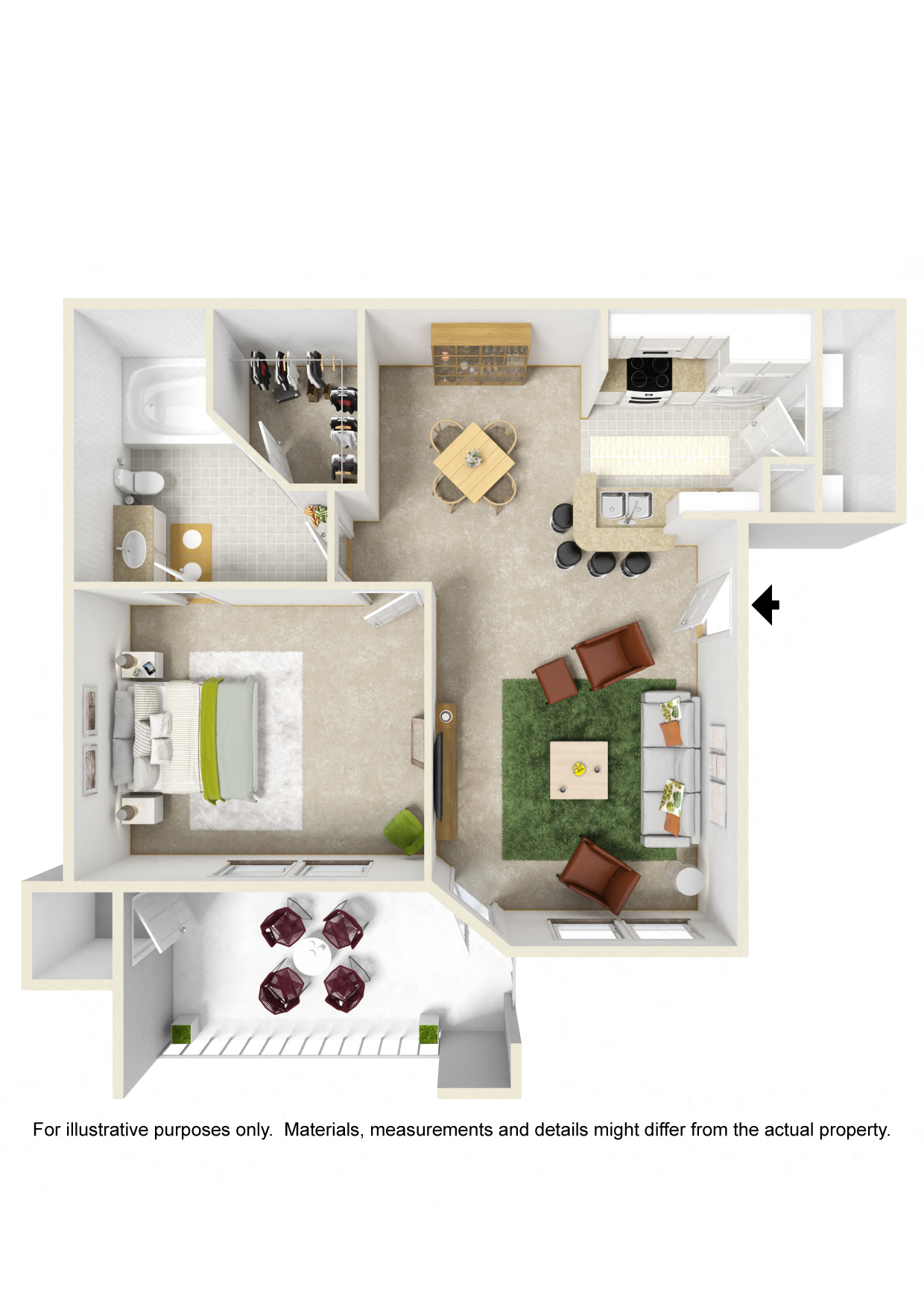 Floor plan for 1 bed, 1 bath, 702 sqft